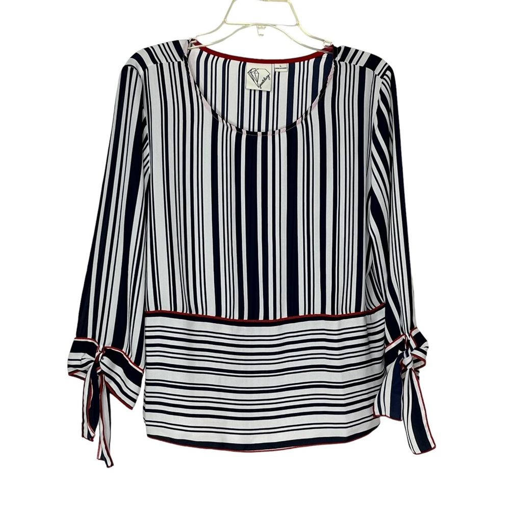 Janet Chung Patriotic Red White Blue Striped 3/4 Sleeve Blouse Womens Large